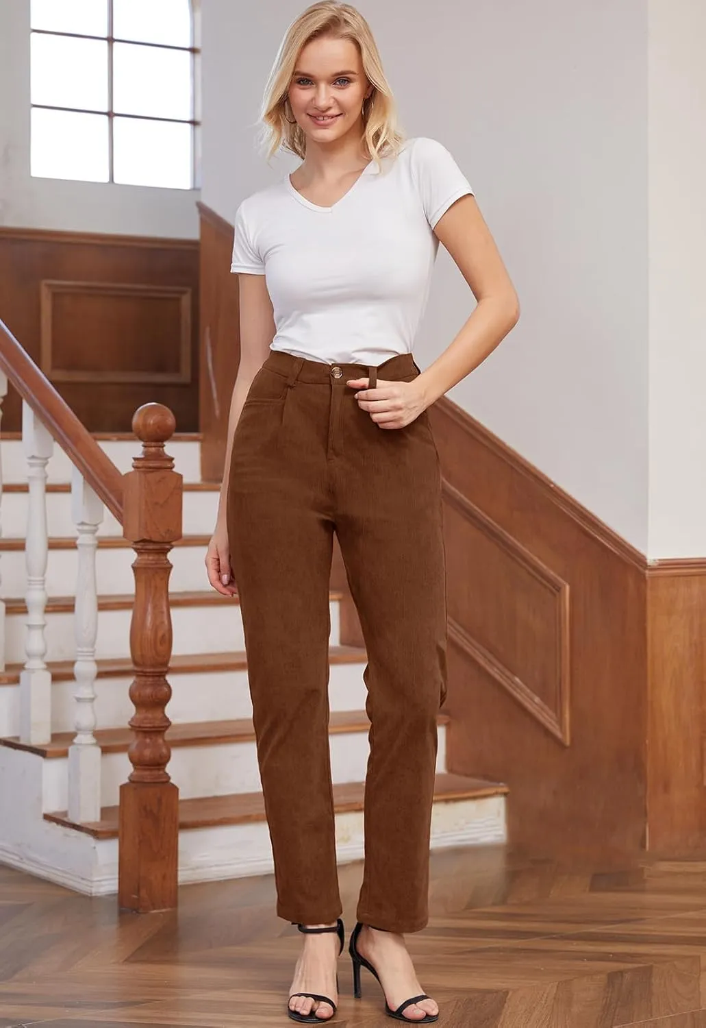 Women Corduroy Pants Casual Fall Pants High Waisted Straight Leg Pants for Women Stretchy Work Trousers with Pockets