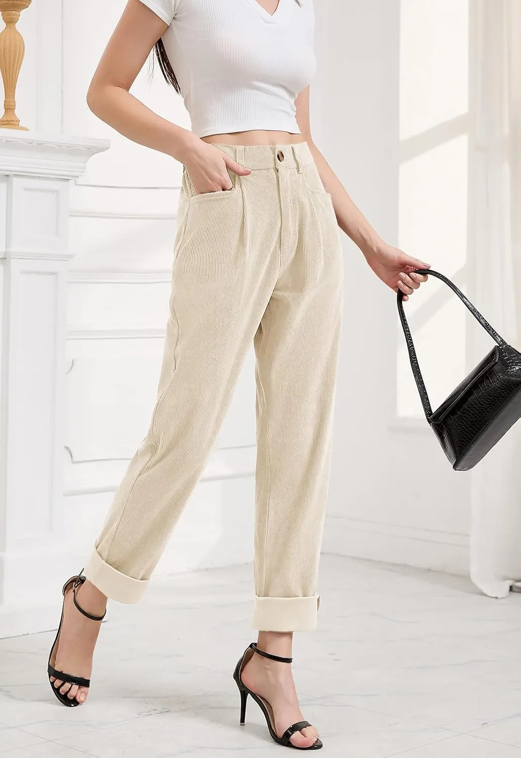 Women Corduroy Pants Casual Fall Pants High Waisted Straight Leg Pants for Women Stretchy Work Trousers with Pockets