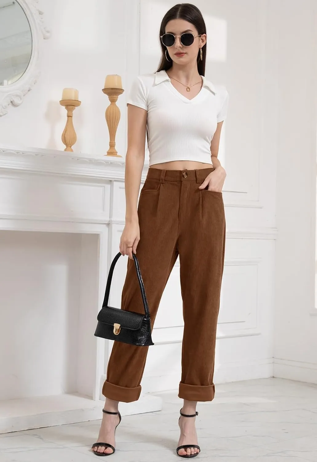 Women Corduroy Pants Casual Fall Pants High Waisted Straight Leg Pants for Women Stretchy Work Trousers with Pockets