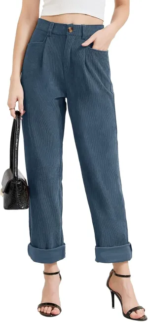 Women Corduroy Pants Casual Fall Pants High Waisted Straight Leg Pants for Women Stretchy Work Trousers with Pockets