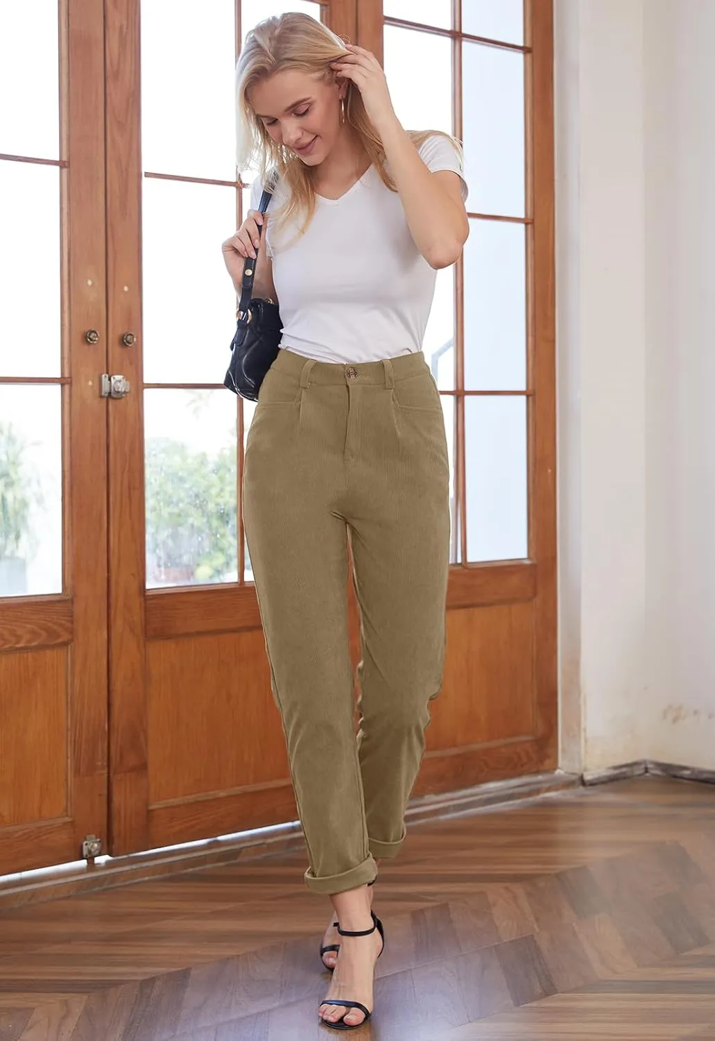 Women Corduroy Pants Casual Fall Pants High Waisted Straight Leg Pants for Women Stretchy Work Trousers with Pockets