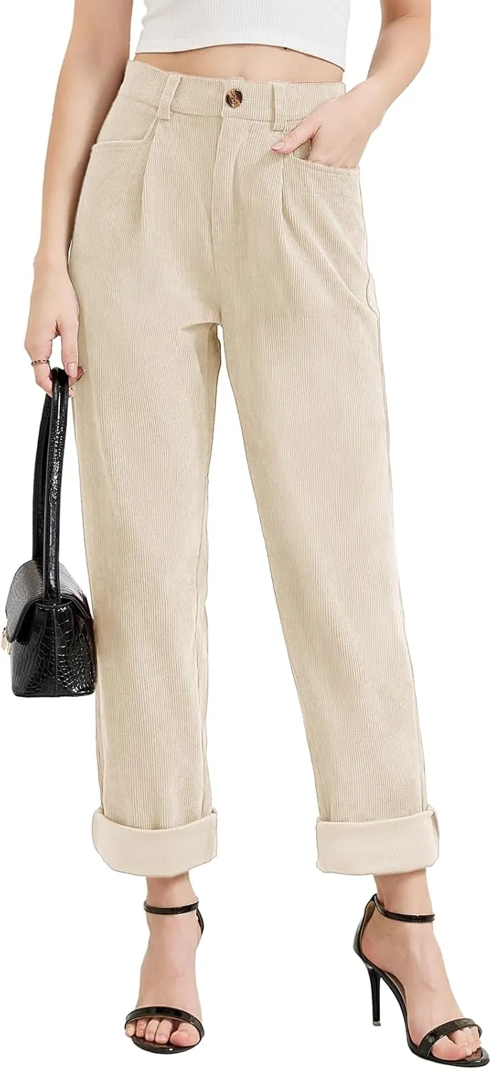 Women Corduroy Pants Casual Fall Pants High Waisted Straight Leg Pants for Women Stretchy Work Trousers with Pockets