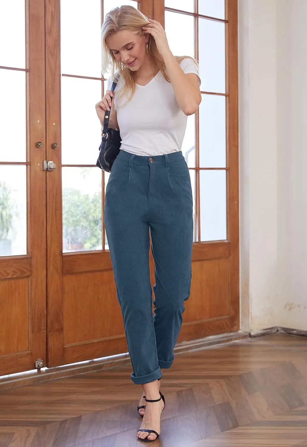 Women Corduroy Pants Casual Fall Pants High Waisted Straight Leg Pants for Women Stretchy Work Trousers with Pockets