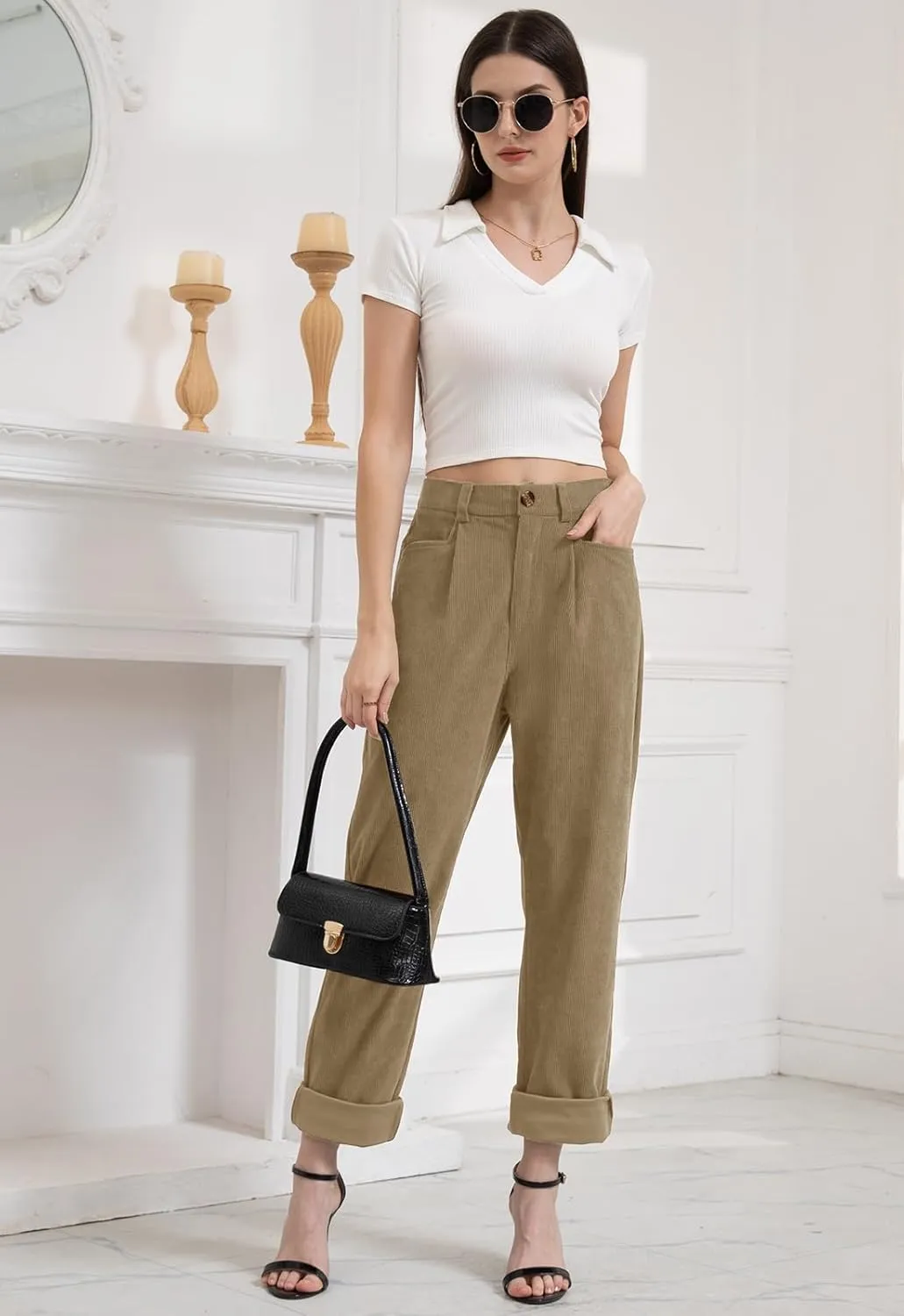 Women Corduroy Pants Casual Fall Pants High Waisted Straight Leg Pants for Women Stretchy Work Trousers with Pockets