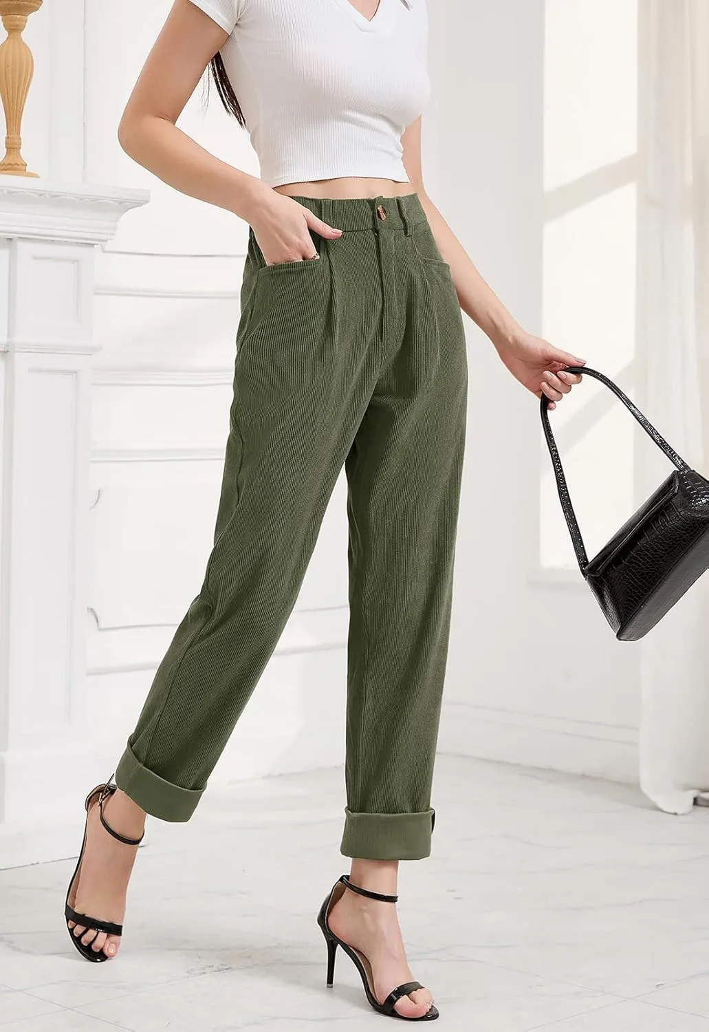 Women Corduroy Pants Casual Fall Pants High Waisted Straight Leg Pants for Women Stretchy Work Trousers with Pockets