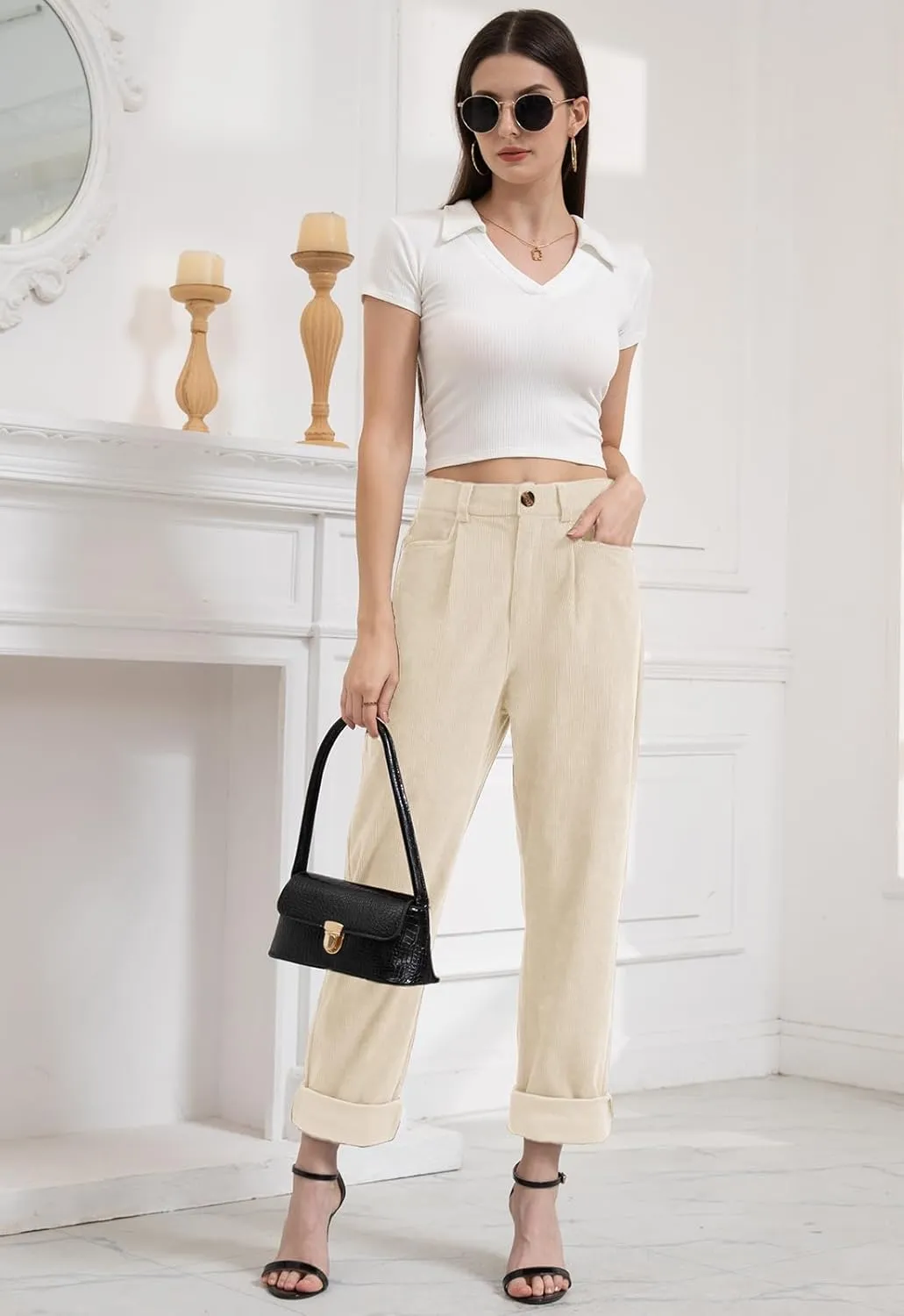 Women Corduroy Pants Casual Fall Pants High Waisted Straight Leg Pants for Women Stretchy Work Trousers with Pockets