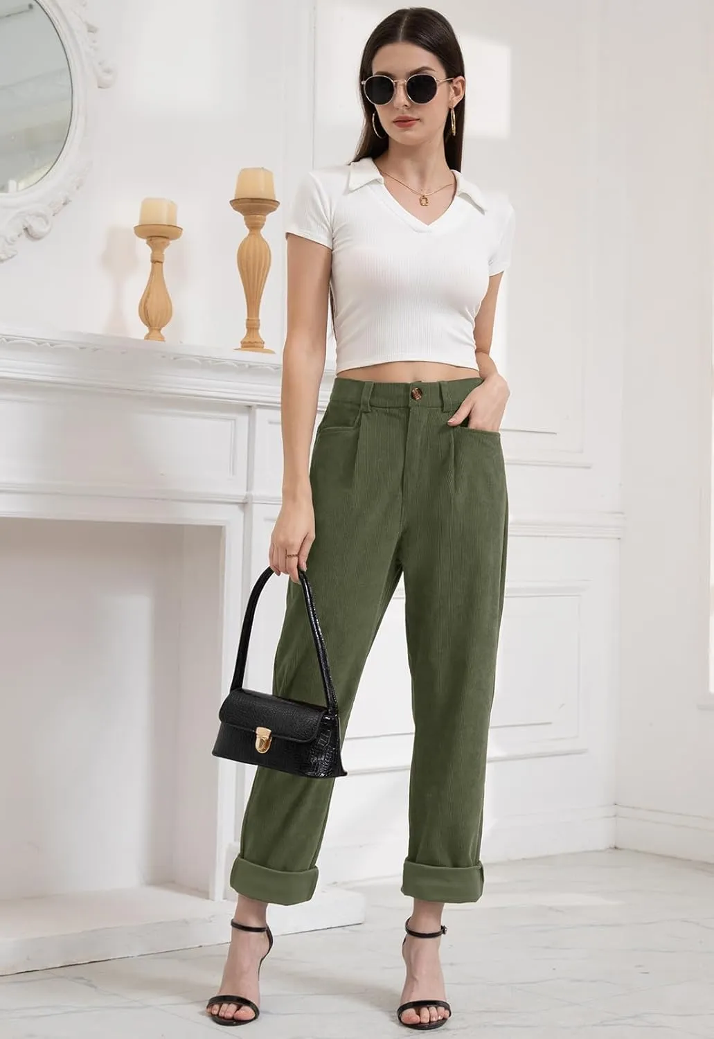 Women Corduroy Pants Casual Fall Pants High Waisted Straight Leg Pants for Women Stretchy Work Trousers with Pockets