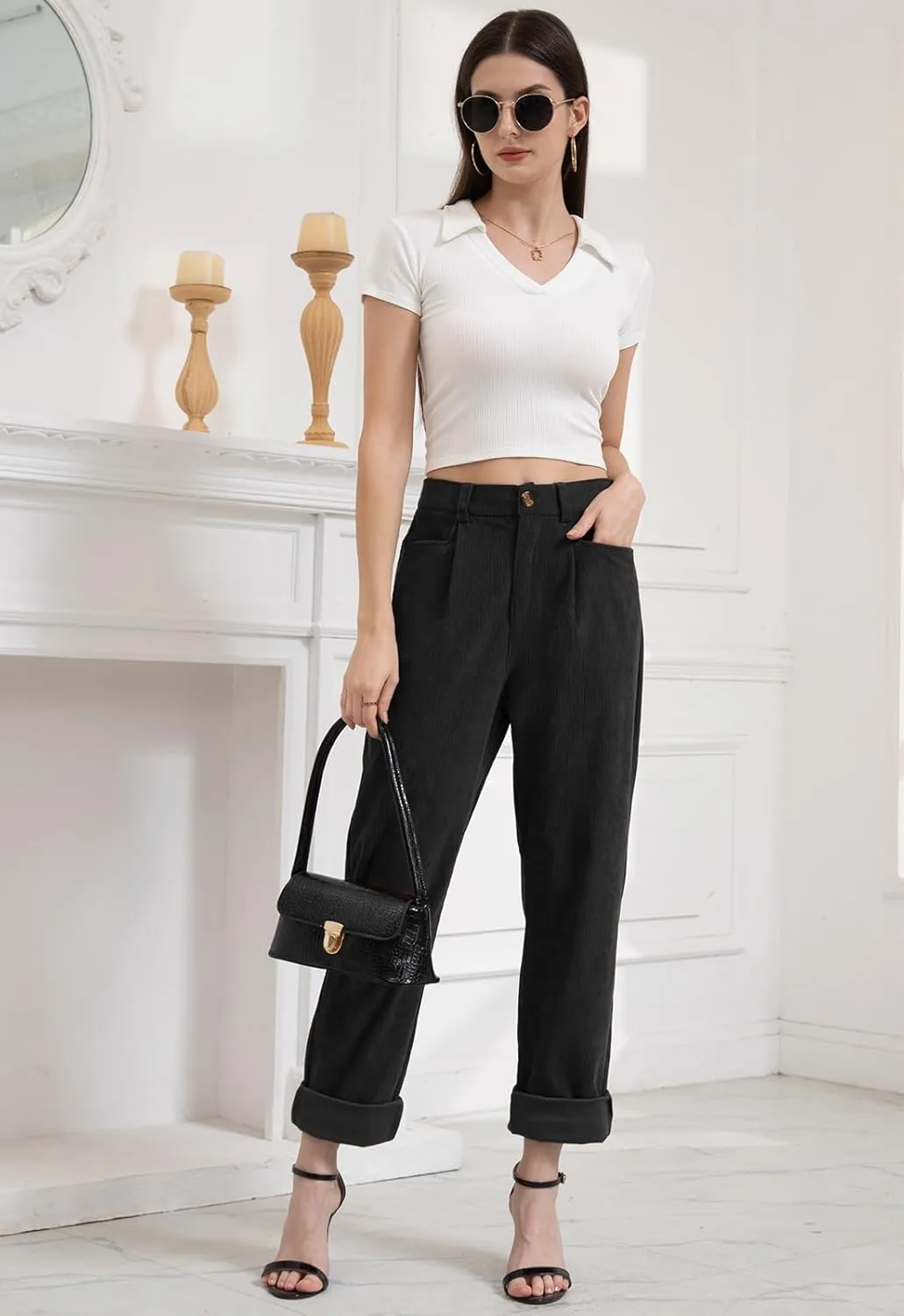Women Corduroy Pants Casual Fall Pants High Waisted Straight Leg Pants for Women Stretchy Work Trousers with Pockets