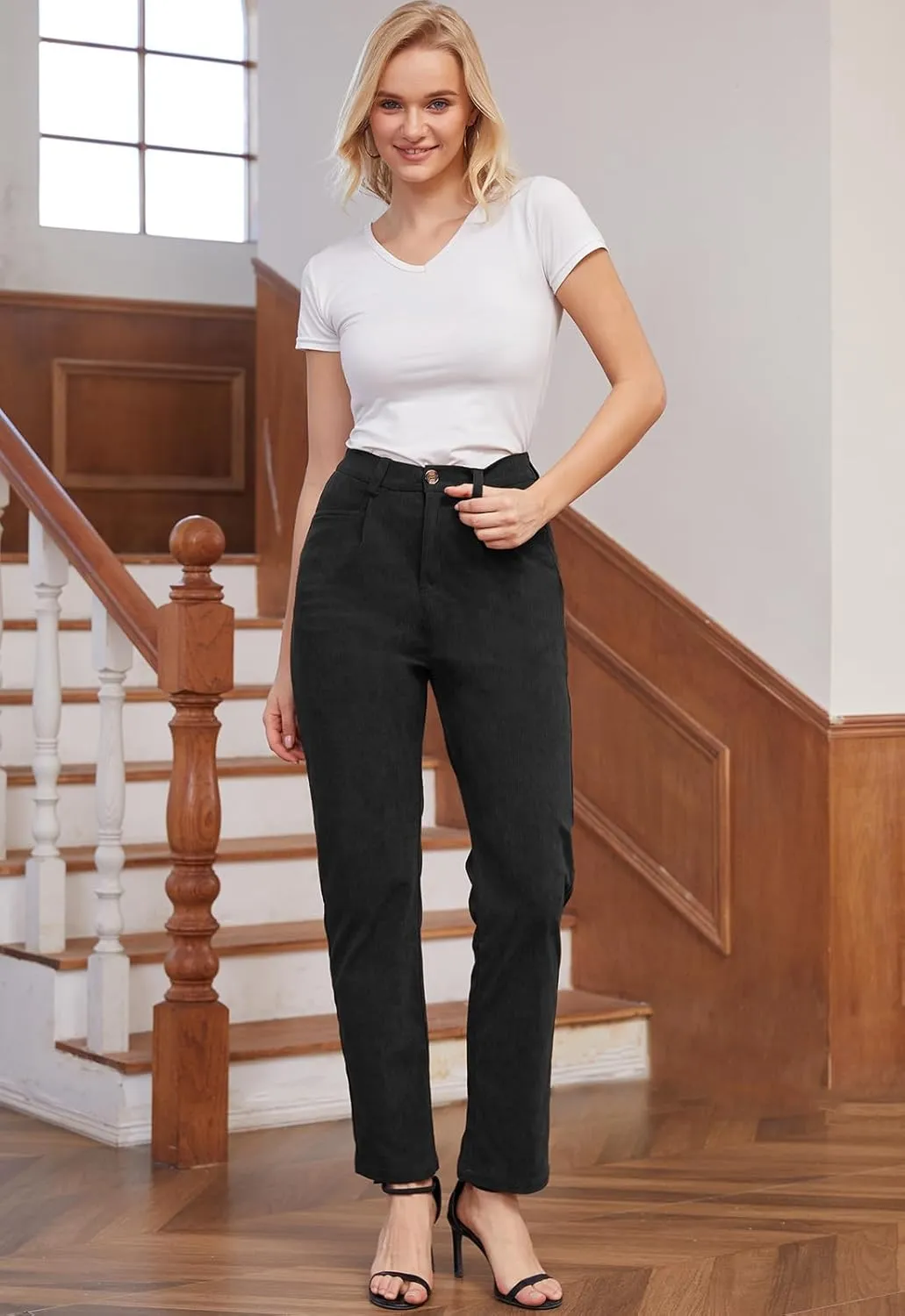 Women Corduroy Pants Casual Fall Pants High Waisted Straight Leg Pants for Women Stretchy Work Trousers with Pockets