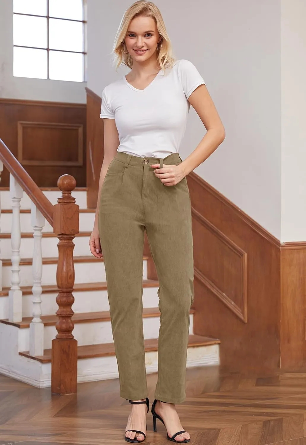 Women Corduroy Pants Casual Fall Pants High Waisted Straight Leg Pants for Women Stretchy Work Trousers with Pockets