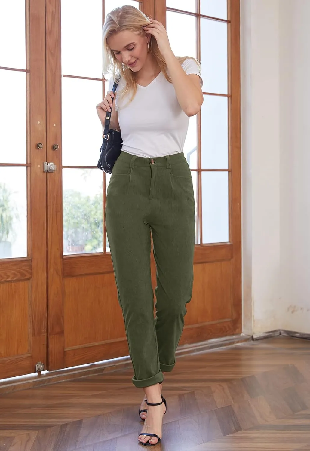 Women Corduroy Pants Casual Fall Pants High Waisted Straight Leg Pants for Women Stretchy Work Trousers with Pockets
