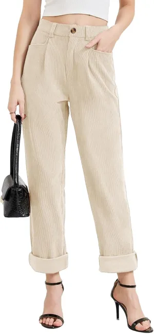 Women Corduroy Pants Casual Fall Pants High Waisted Straight Leg Pants for Women Stretchy Work Trousers with Pockets