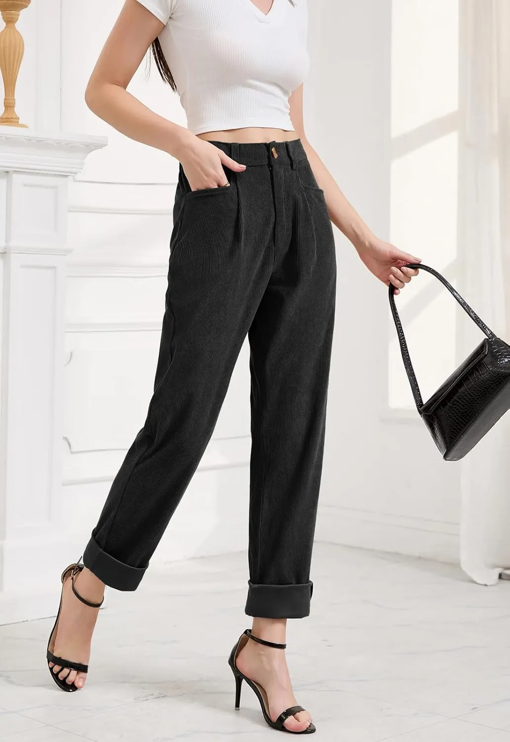 Women Corduroy Pants Casual Fall Pants High Waisted Straight Leg Pants for Women Stretchy Work Trousers with Pockets