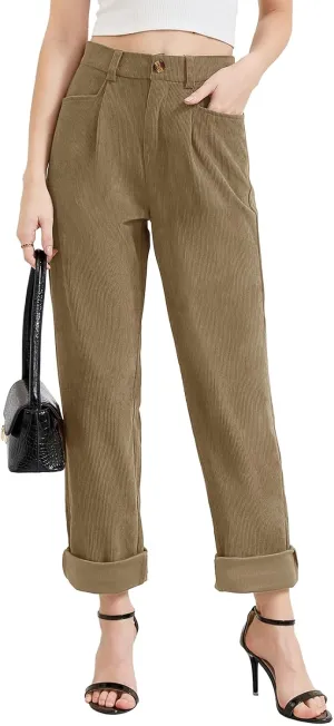 Women Corduroy Pants Casual Fall Pants High Waisted Straight Leg Pants for Women Stretchy Work Trousers with Pockets