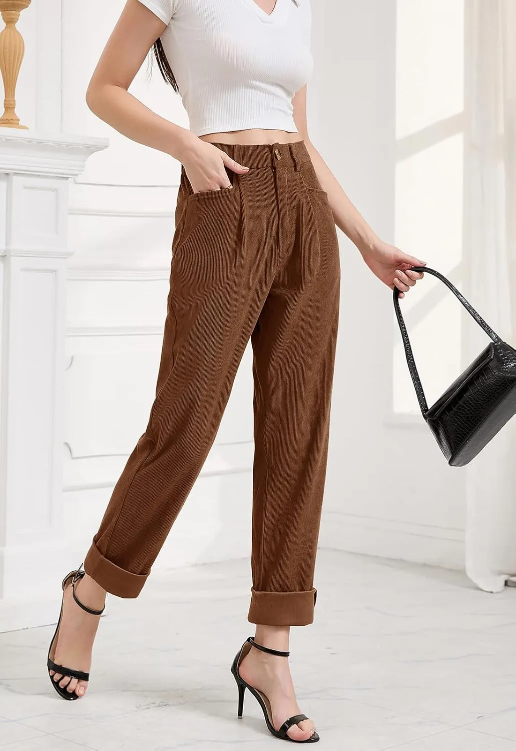 Women Corduroy Pants Casual Fall Pants High Waisted Straight Leg Pants for Women Stretchy Work Trousers with Pockets