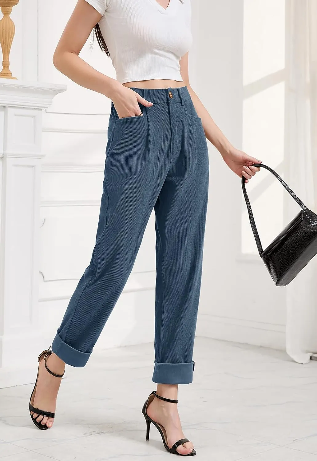Women Corduroy Pants Casual Fall Pants High Waisted Straight Leg Pants for Women Stretchy Work Trousers with Pockets
