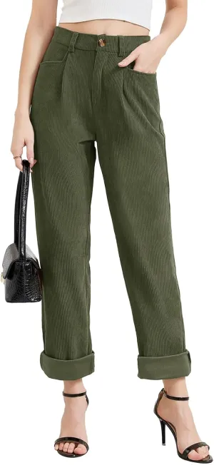 Women Corduroy Pants Casual Fall Pants High Waisted Straight Leg Pants for Women Stretchy Work Trousers with Pockets