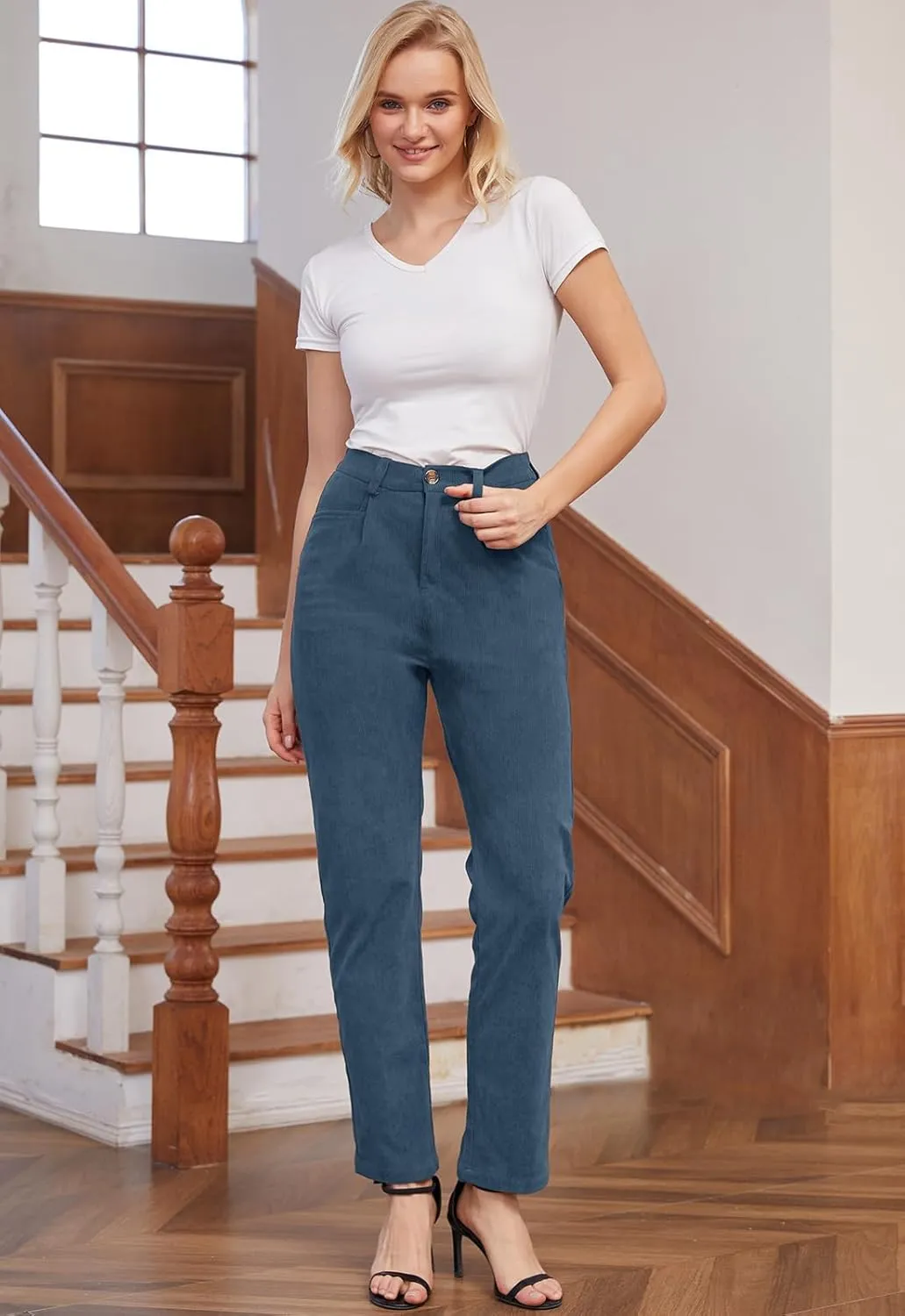 Women Corduroy Pants Casual Fall Pants High Waisted Straight Leg Pants for Women Stretchy Work Trousers with Pockets