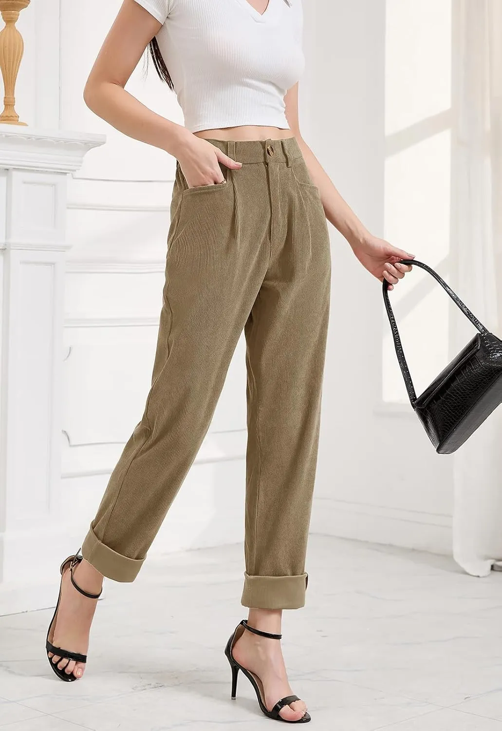 Women Corduroy Pants Casual Fall Pants High Waisted Straight Leg Pants for Women Stretchy Work Trousers with Pockets
