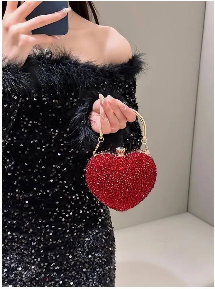 Women Heart Shaped Handbag Sparkly Clutch Mini Chain Purse Rhinestones Wedding Party Purse Handbag