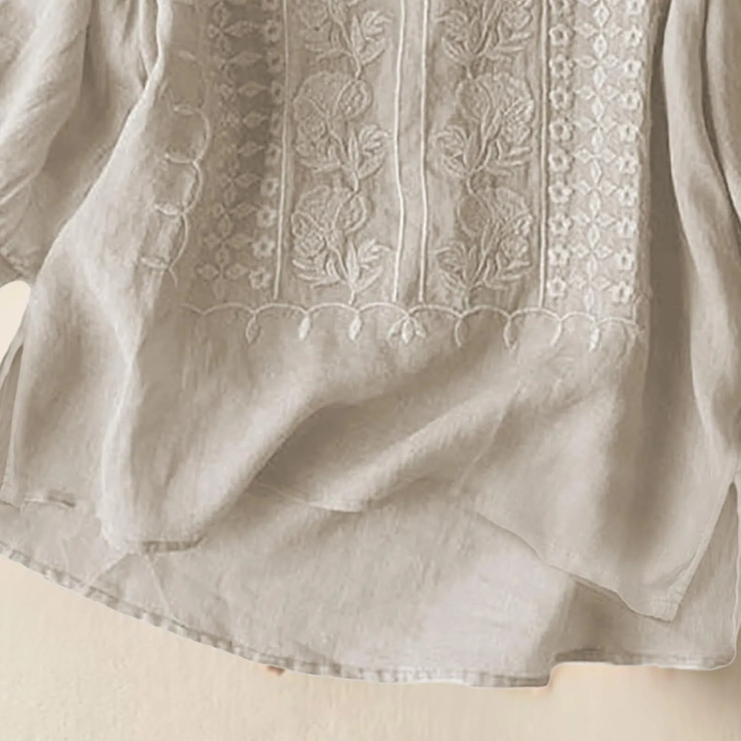 Women Linen Knit Tops Boho Retro Embroidery Crewneck Ruffle Short Sleeve Comfy Loose Fit Lightweight Tees