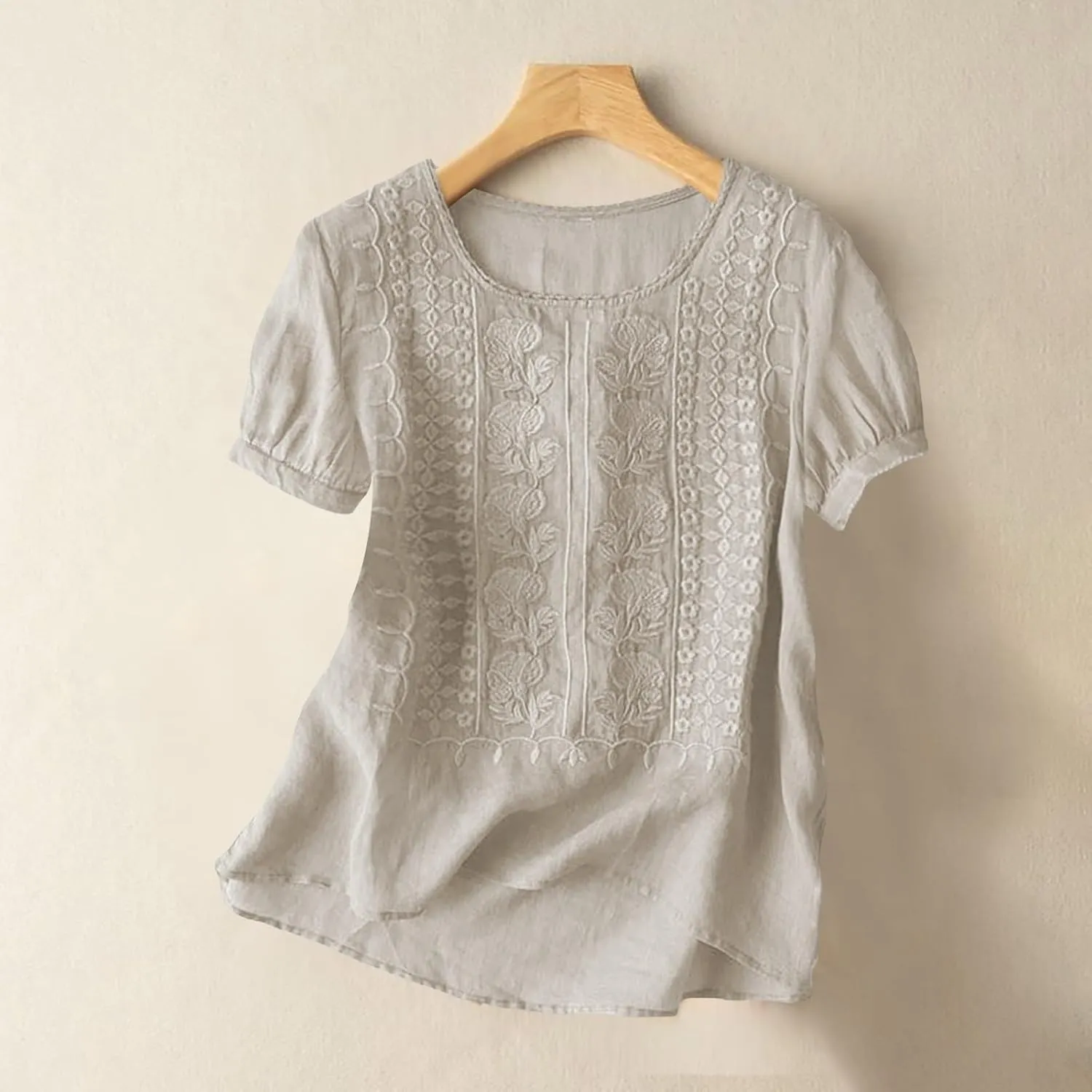 Women Linen Knit Tops Boho Retro Embroidery Crewneck Ruffle Short Sleeve Comfy Loose Fit Lightweight Tees