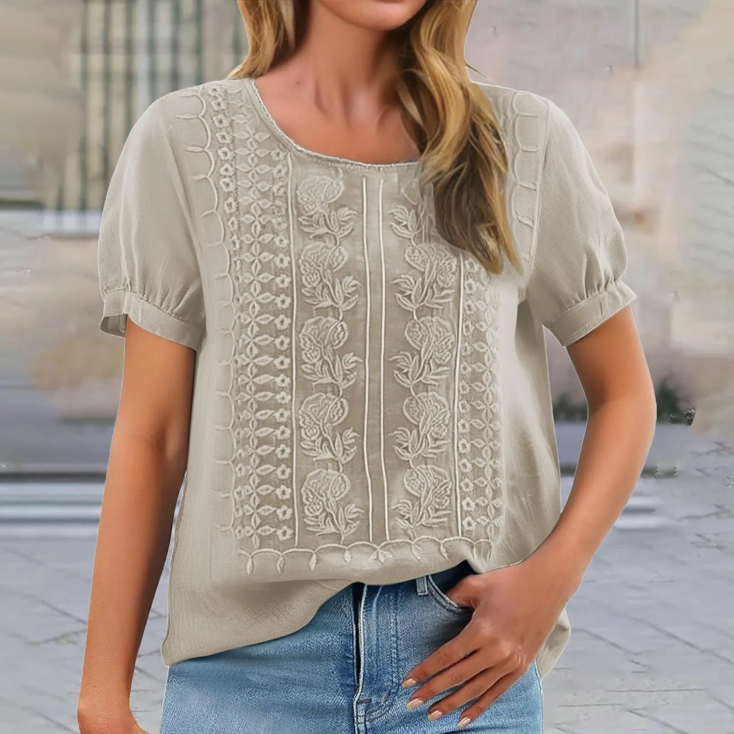 Women Linen Knit Tops Boho Retro Embroidery Crewneck Ruffle Short Sleeve Comfy Loose Fit Lightweight Tees