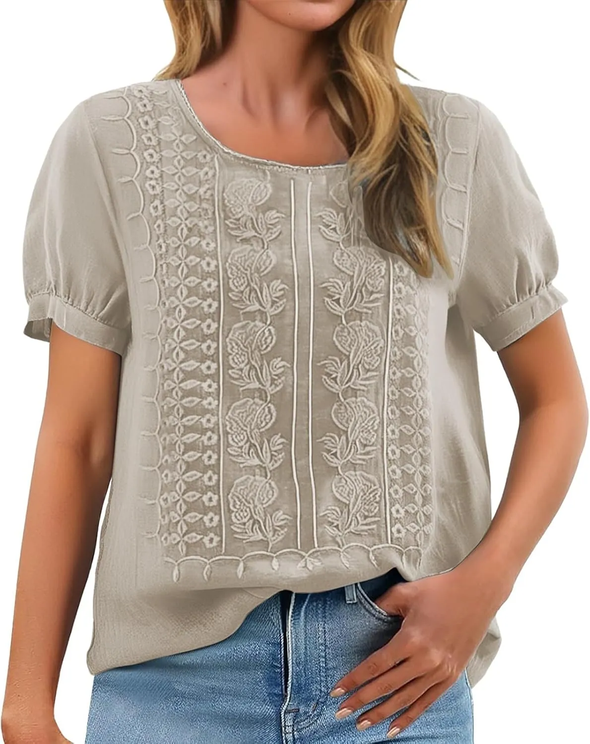 Women Linen Knit Tops Boho Retro Embroidery Crewneck Ruffle Short Sleeve Comfy Loose Fit Lightweight Tees