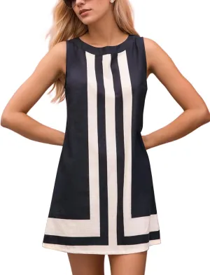 Women Striped Sleeveless Boho Summer Mini Dress Color Block Crew Neck Casual Sundress Cover Up Dress Beach