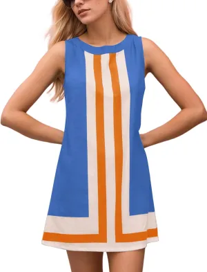 Women Striped Sleeveless Boho Summer Mini Dress Color Block Crew Neck Casual Sundress Cover Up Dress Beach