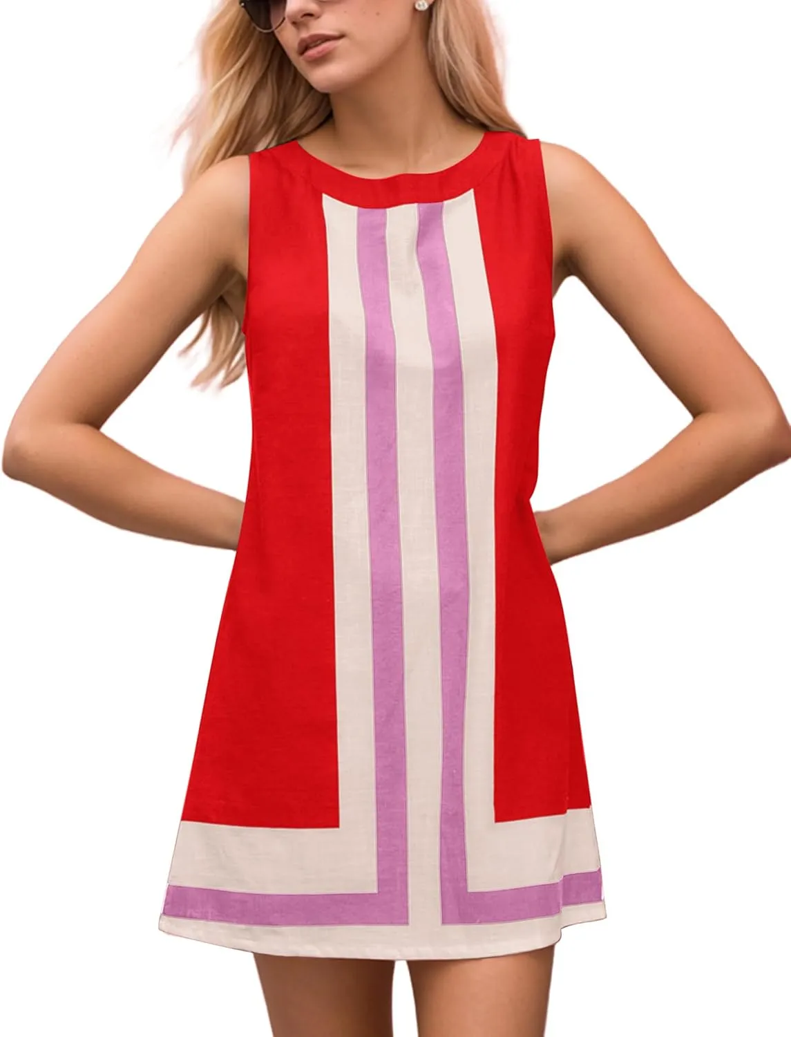 Women Striped Sleeveless Boho Summer Mini Dress Color Block Crew Neck Casual Sundress Cover Up Dress Beach