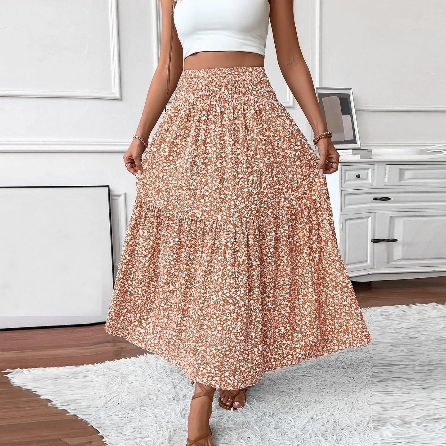 Women Summer Boho Floral Smocked Elastic High Waist Flowy Swing Pleated Maxi Skirts Vacation Print A-Line Long Skirts
