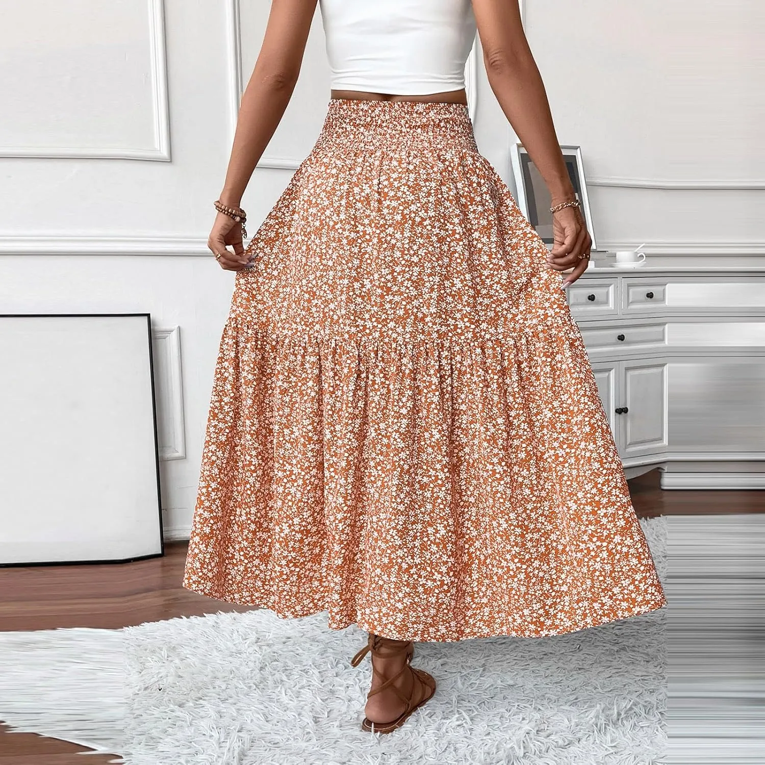 Women Summer Boho Floral Smocked Elastic High Waist Flowy Swing Pleated Maxi Skirts Vacation Print A-Line Long Skirts