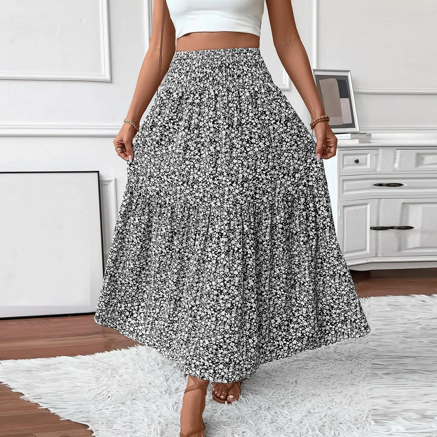Women Summer Boho Floral Smocked Elastic High Waist Flowy Swing Pleated Maxi Skirts Vacation Print A-Line Long Skirts