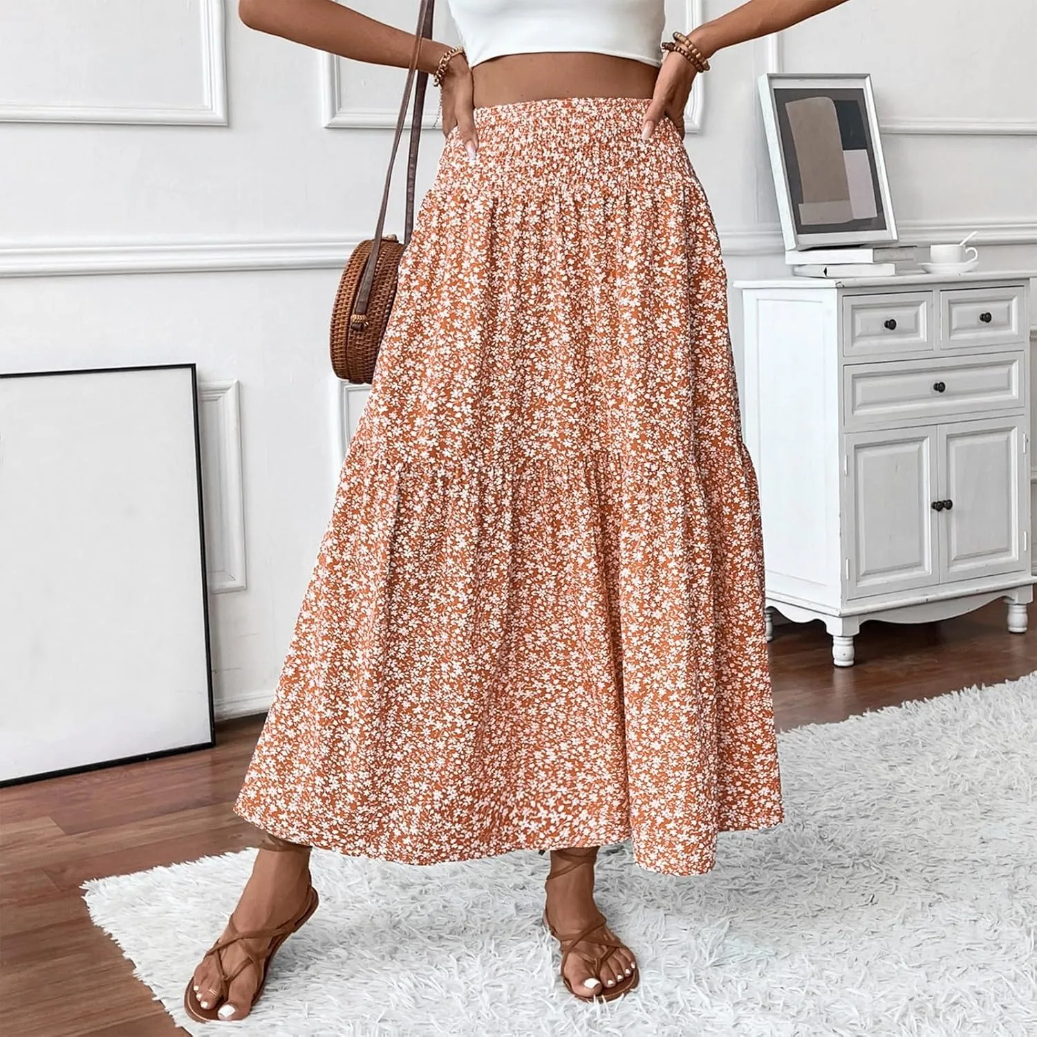Women Summer Boho Floral Smocked Elastic High Waist Flowy Swing Pleated Maxi Skirts Vacation Print A-Line Long Skirts