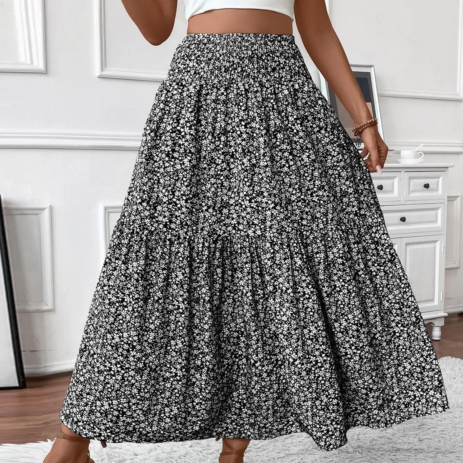 Women Summer Boho Floral Smocked Elastic High Waist Flowy Swing Pleated Maxi Skirts Vacation Print A-Line Long Skirts