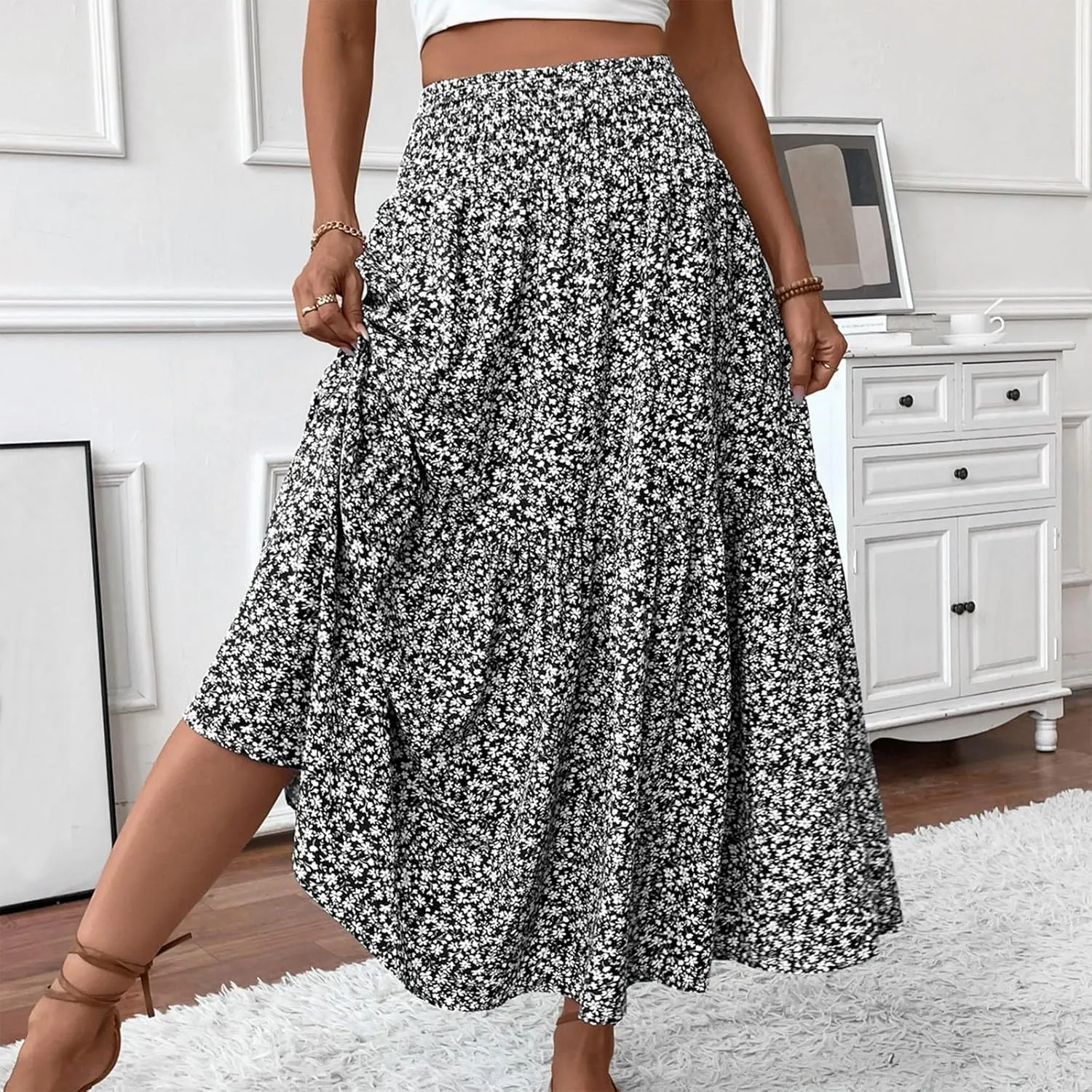 Women Summer Boho Floral Smocked Elastic High Waist Flowy Swing Pleated Maxi Skirts Vacation Print A-Line Long Skirts