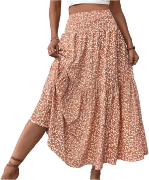 Women Summer Boho Floral Smocked Elastic High Waist Flowy Swing Pleated Maxi Skirts Vacation Print A-Line Long Skirts