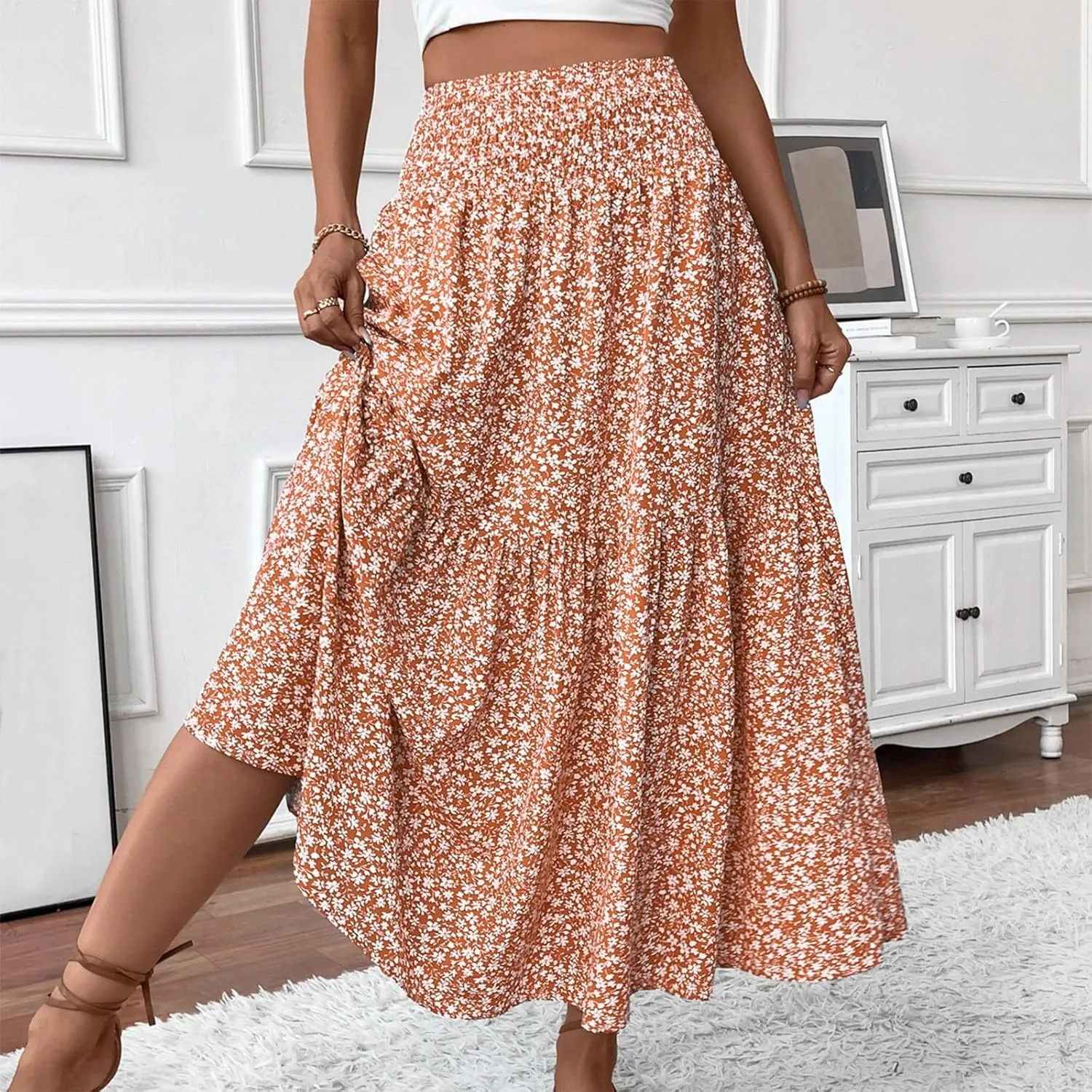 Women Summer Boho Floral Smocked Elastic High Waist Flowy Swing Pleated Maxi Skirts Vacation Print A-Line Long Skirts