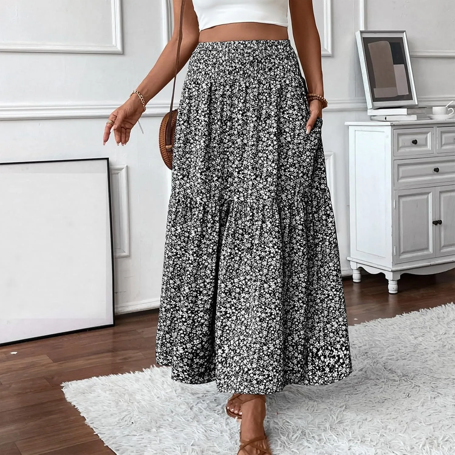Women Summer Boho Floral Smocked Elastic High Waist Flowy Swing Pleated Maxi Skirts Vacation Print A-Line Long Skirts