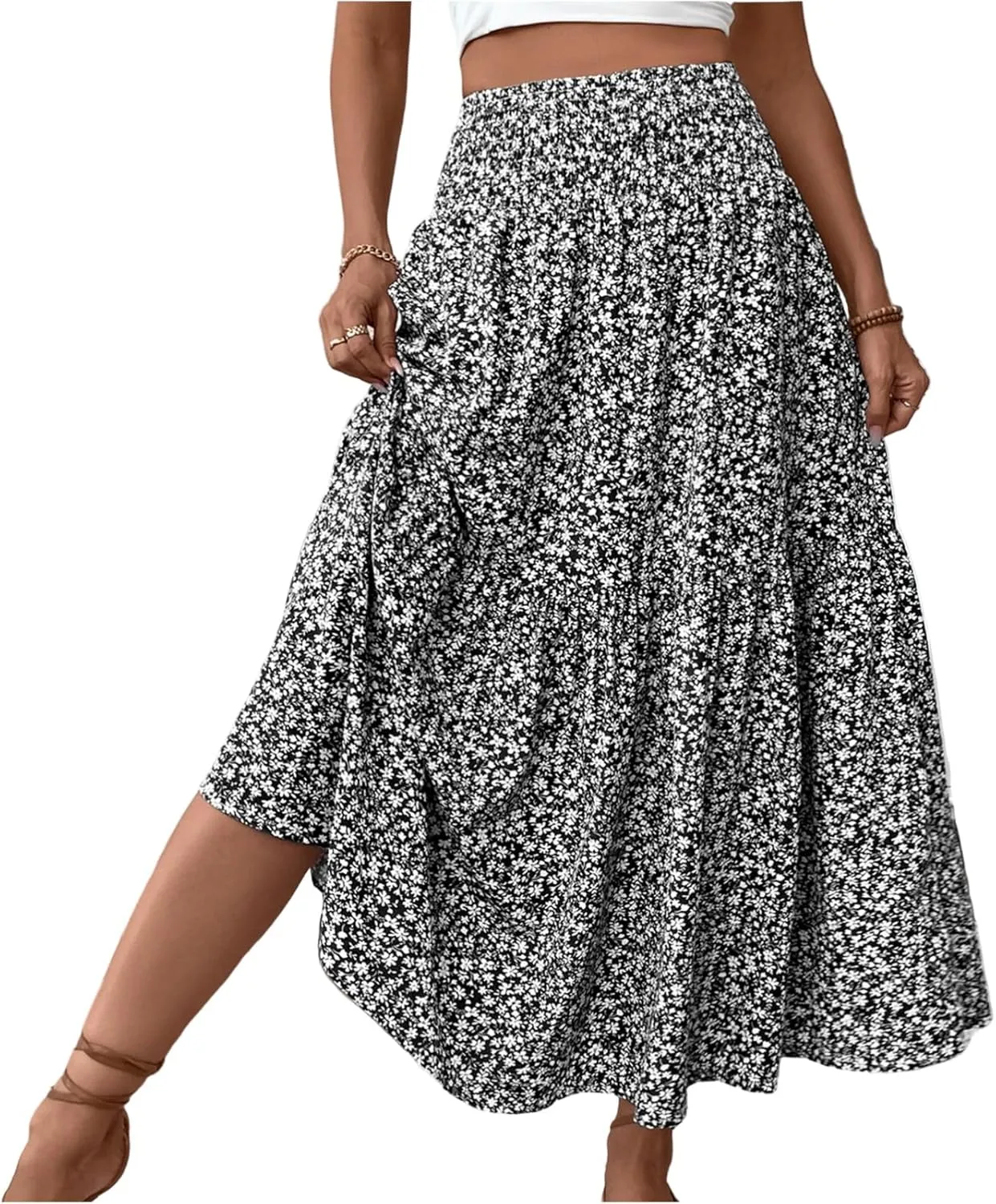 Women Summer Boho Floral Smocked Elastic High Waist Flowy Swing Pleated Maxi Skirts Vacation Print A-Line Long Skirts