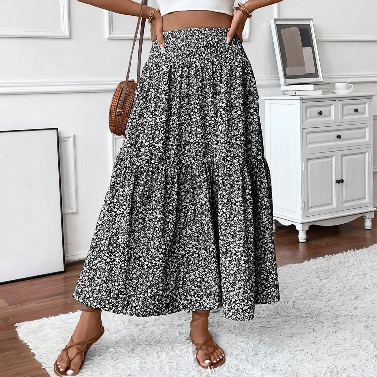 Women Summer Boho Floral Smocked Elastic High Waist Flowy Swing Pleated Maxi Skirts Vacation Print A-Line Long Skirts