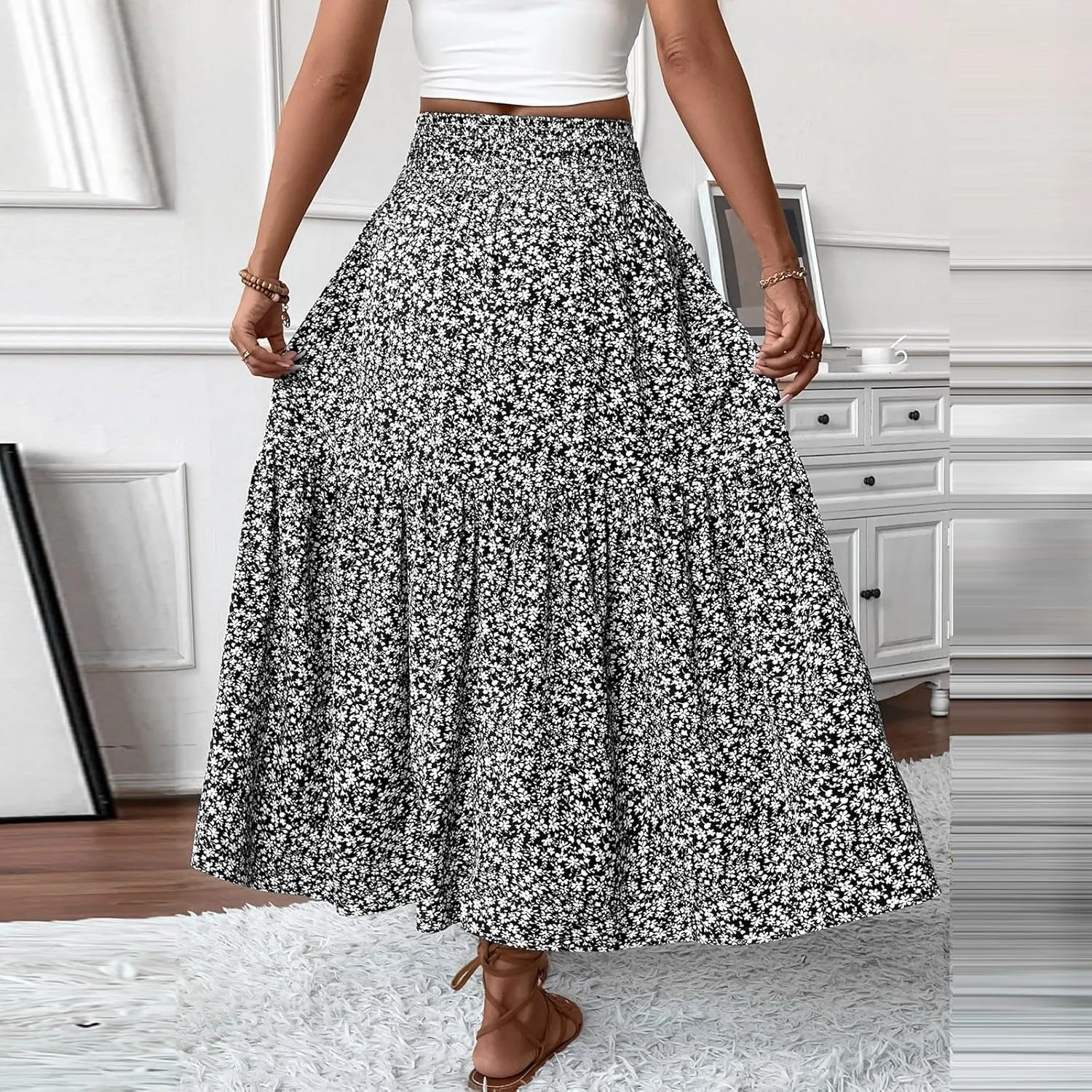 Women Summer Boho Floral Smocked Elastic High Waist Flowy Swing Pleated Maxi Skirts Vacation Print A-Line Long Skirts
