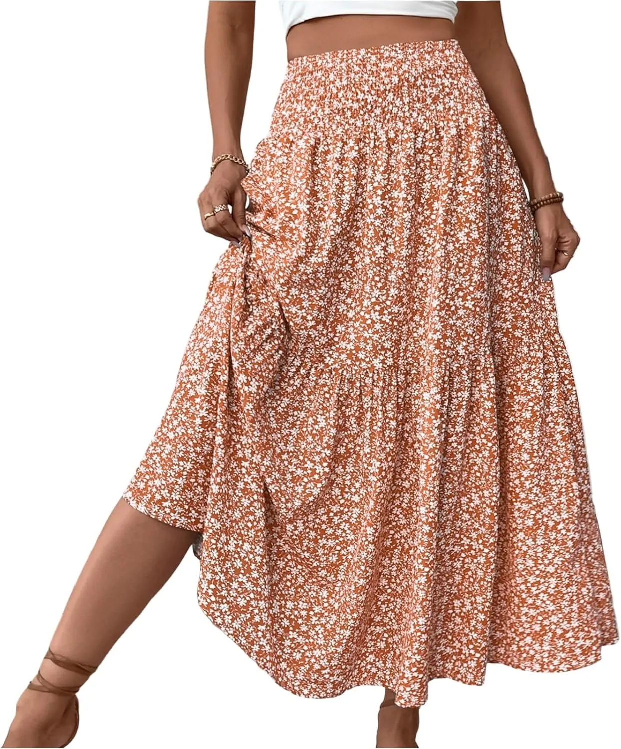 Women Summer Boho Floral Smocked Elastic High Waist Flowy Swing Pleated Maxi Skirts Vacation Print A-Line Long Skirts