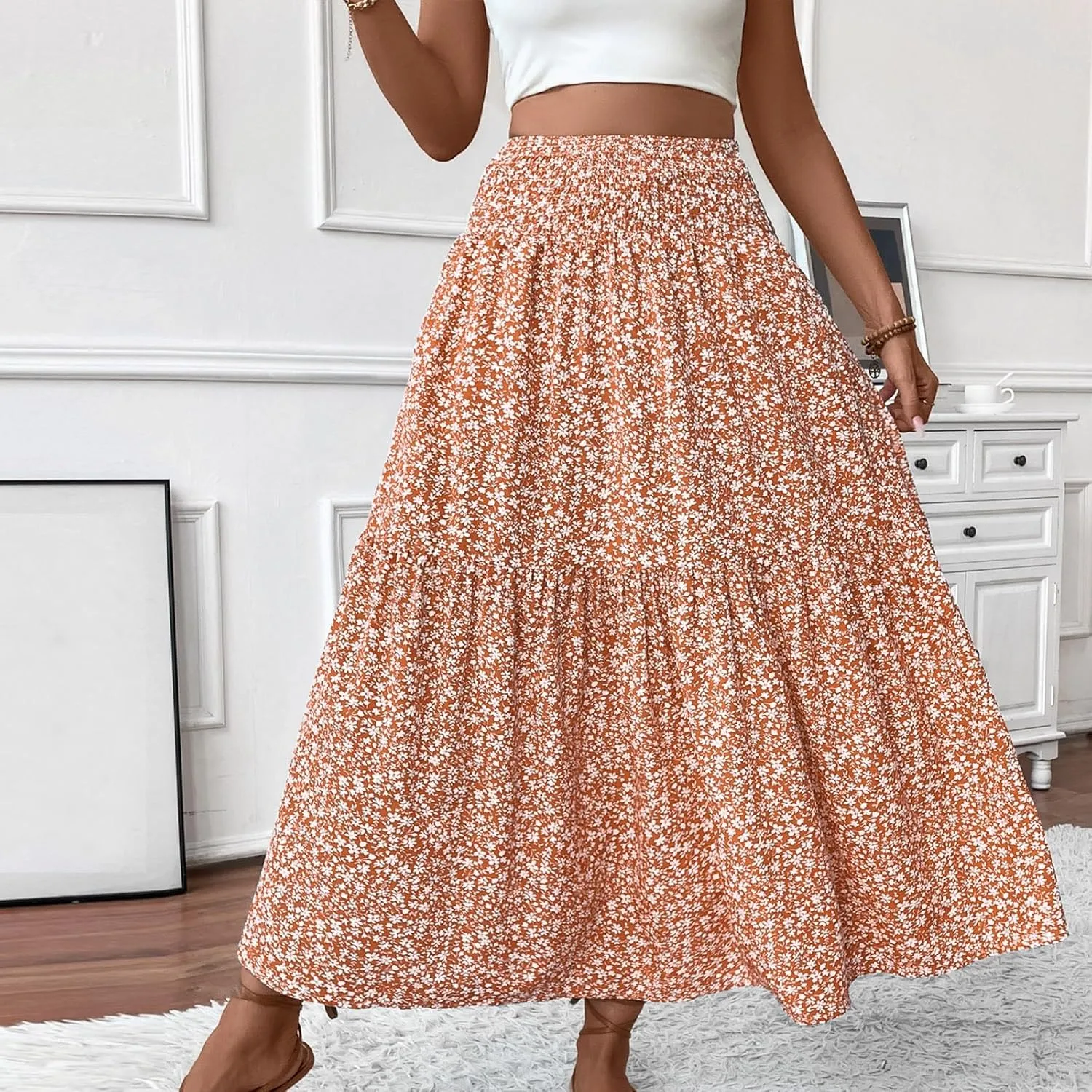 Women Summer Boho Floral Smocked Elastic High Waist Flowy Swing Pleated Maxi Skirts Vacation Print A-Line Long Skirts