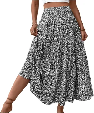 Women Summer Boho Floral Smocked Elastic High Waist Flowy Swing Pleated Maxi Skirts Vacation Print A-Line Long Skirts