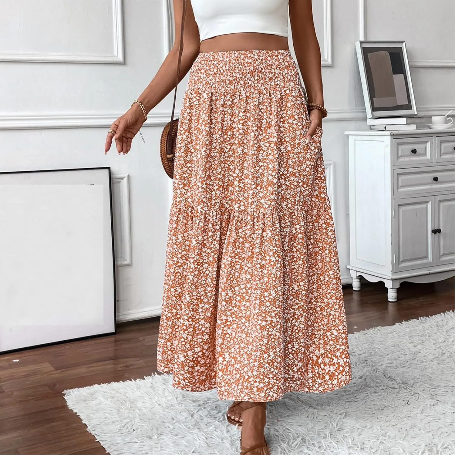 Women Summer Boho Floral Smocked Elastic High Waist Flowy Swing Pleated Maxi Skirts Vacation Print A-Line Long Skirts