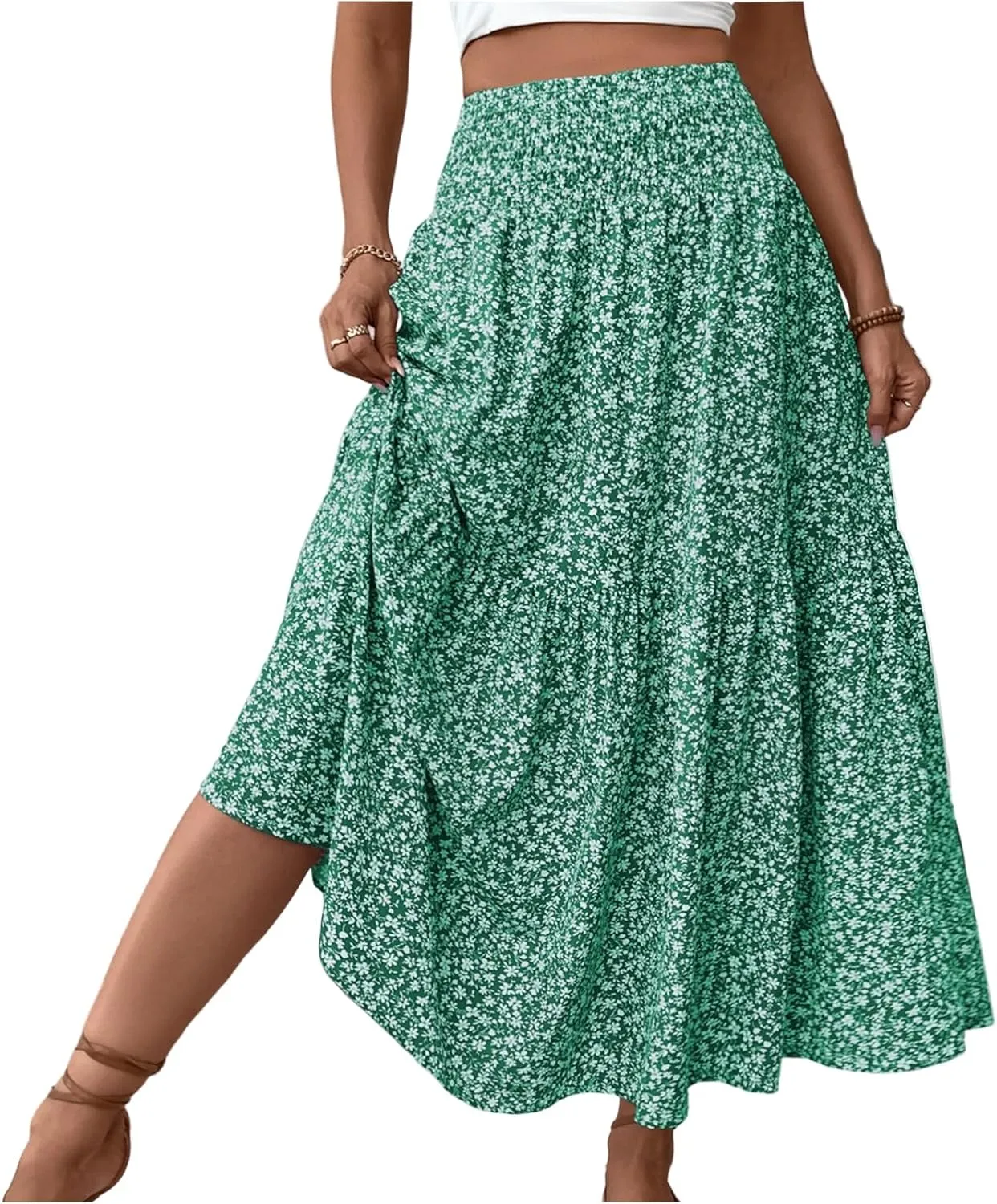 Women Summer Boho Skirt Floral Smocked Elastic Waist Flowy Swing Pleated Skirts Vacation Print A-Line Long Skirts