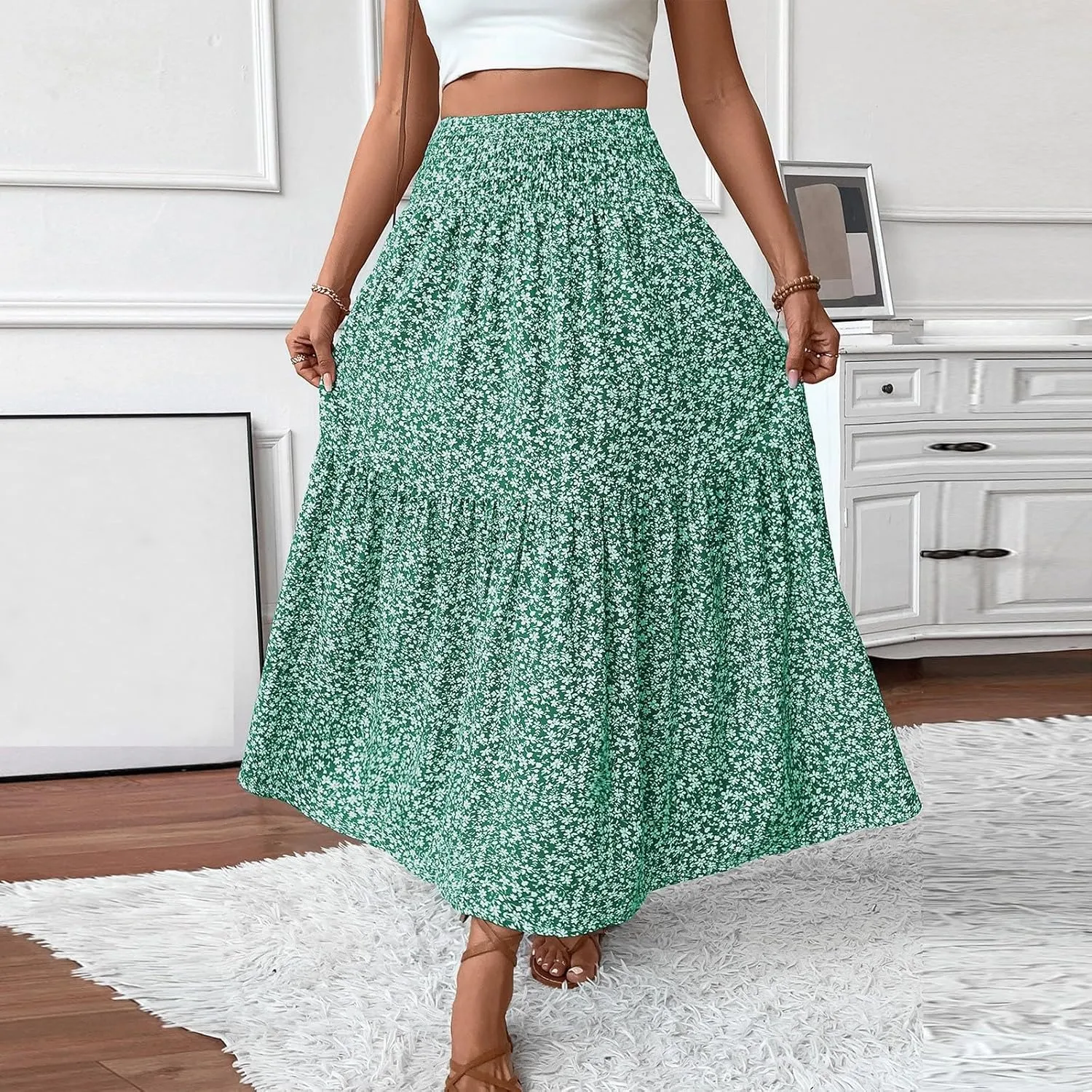 Women Summer Boho Skirt Floral Smocked Elastic Waist Flowy Swing Pleated Skirts Vacation Print A-Line Long Skirts