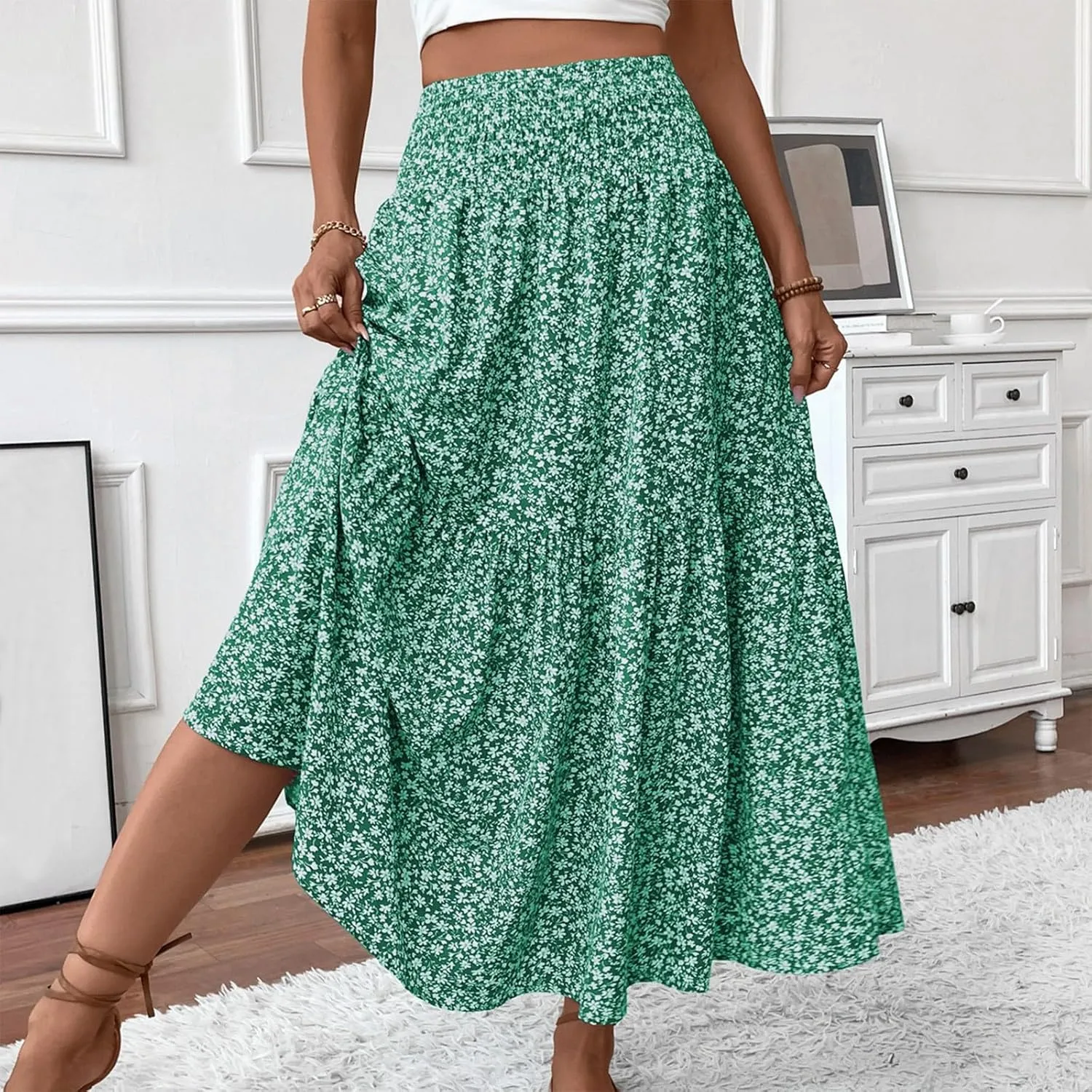 Women Summer Boho Skirt Floral Smocked Elastic Waist Flowy Swing Pleated Skirts Vacation Print A-Line Long Skirts